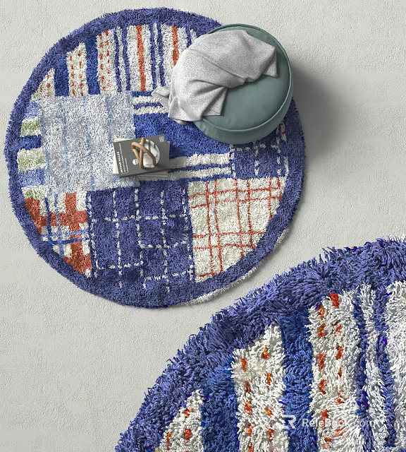 Colorful Patchwork Round Rug with Blue Red White Patterns Soft Textured Design 3d model 