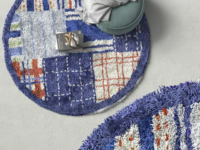 Colorful Patchwork Round Rug with Blue Red White Patterns Soft Textured Design 3d model