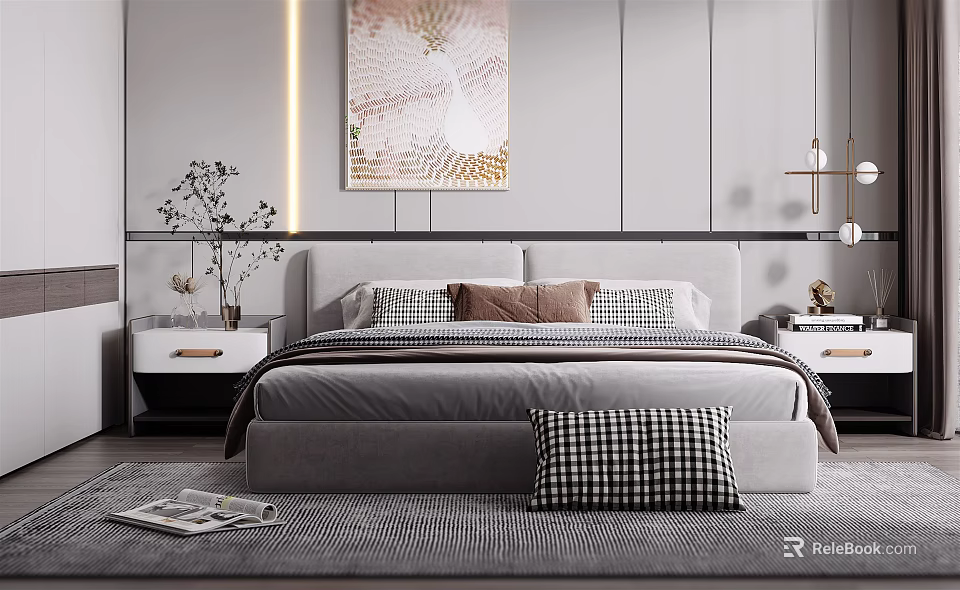 Modern Minimalist Bedroom Interior Design With Grey Headboard Plaid Pillows And Wall Art 3d model 