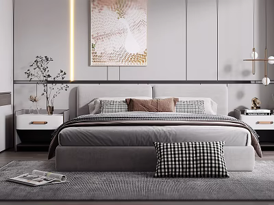 Modern Minimalist Bedroom Interior Design With Grey Headboard Plaid Pillows And Wall Art 3d model