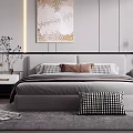 Modern Minimalist Bedroom Interior Design With Grey Headboard Plaid Pillows And Wall Art