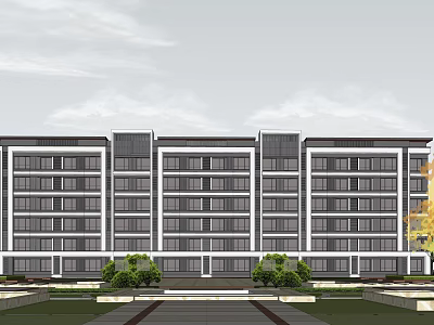 Modern Multi Story Building Exterior With Windows Lawn Trees And Pathway Landscaping 3d model