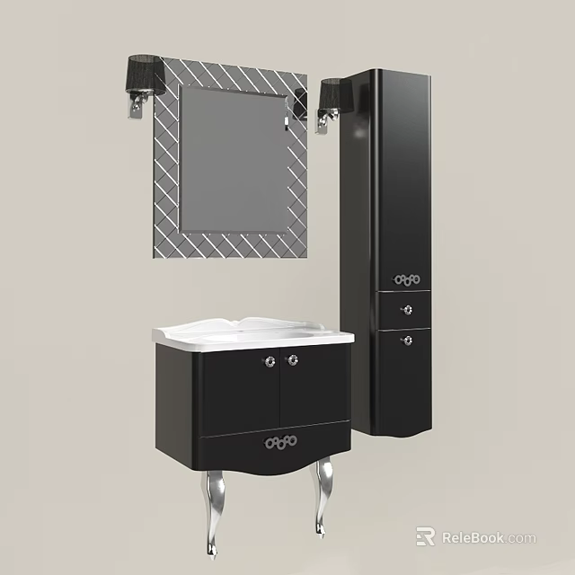 Modern Bathroom Vanity With Black Storage Cabinets Decorative Mirror And Silver Legs 3d model 