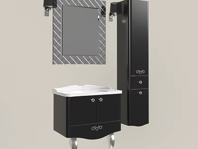 Modern Bathroom Vanity With Black Storage Cabinets Decorative Mirror And Silver Legs 3d model