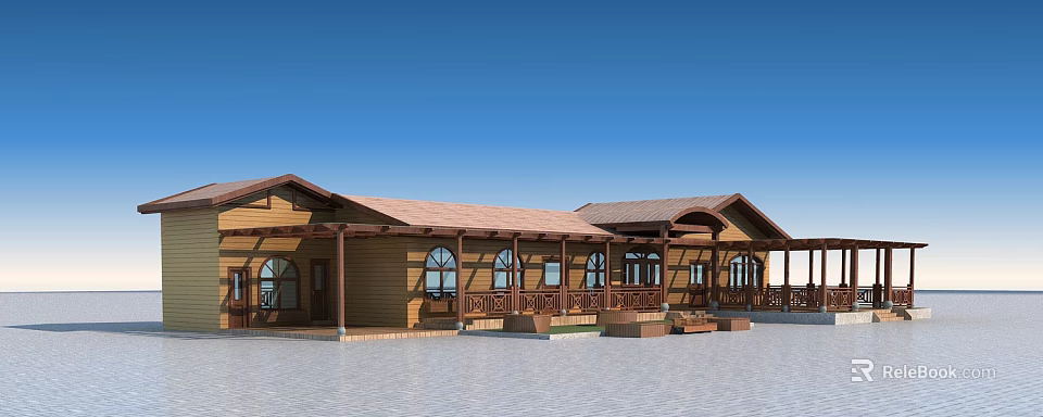 Modern Wooden House With Brown Roof Arched Windows And Veranda On Paved Ground 3d model 