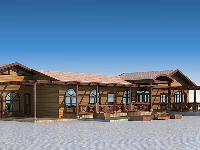 Modern Wooden House With Brown Roof Arched Windows And Veranda On Paved Ground 3d model