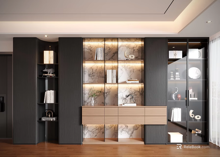 Modern Dark Decorative Cabinet With Marble Panels Drawers And Decorative Items 3d model 