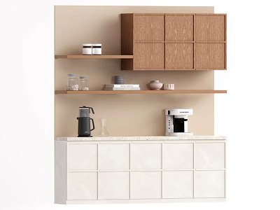 Modern White And Wooden Kitchen Sideboard With Storage Shelves Coffee Machine And Jars 3d model