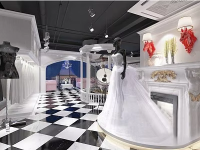 Elegant Wedding Dress Shop Interior With White Gown Display And Checkered Floor 3d model