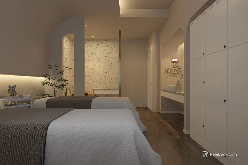 SPA Sauna Interior With Massage Beds Green Plant Decorative Wall And Cabinets 3d model 