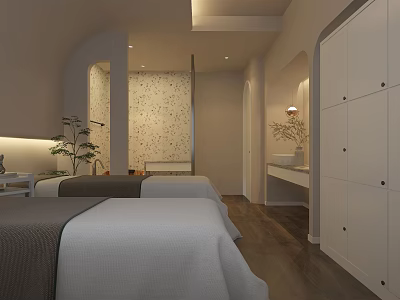SPA Sauna Interior With Massage Beds Green Plant Decorative Wall And Cabinets 3d model