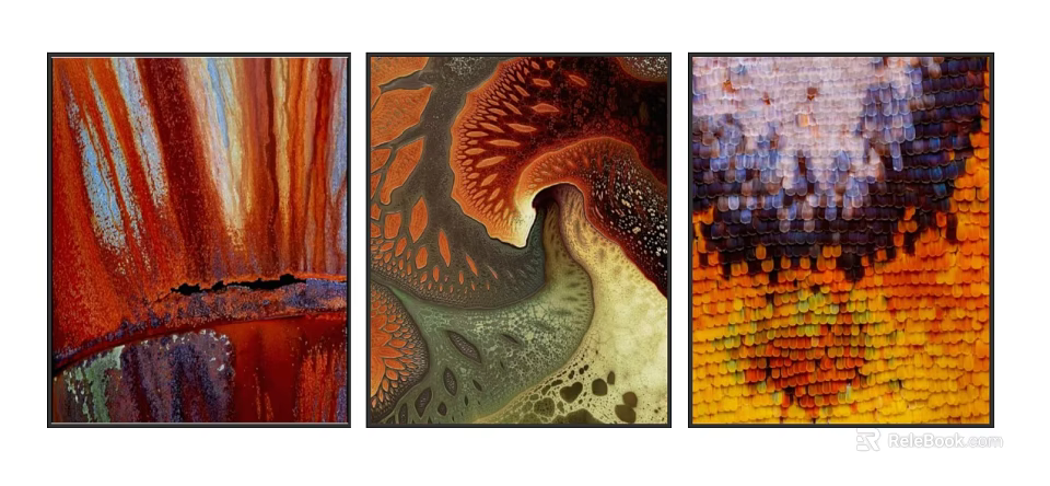 Abstract Art Triptych with Vibrant Red Orange Hues Swirling Patterns and Textured Details 3d model 