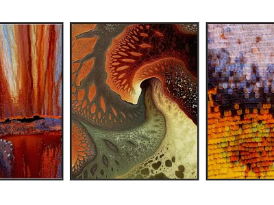 Abstract Art Triptych with Vibrant Red Orange Hues Swirling Patterns and Textured Details 3d model