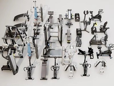 Various Types of Sports Equipment Including Weight Machines Treadmills and Fitness Benches 3d model