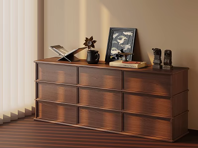 Wooden Entryway Cabinet Sideboard With Drawers Open Book Potted Plant And Photo Frame 3d model