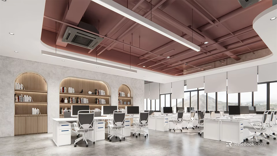 Modern Public Office Space With White Workstations Ergonomic Chairs Ceiling Lights And Large Windows 3d model 