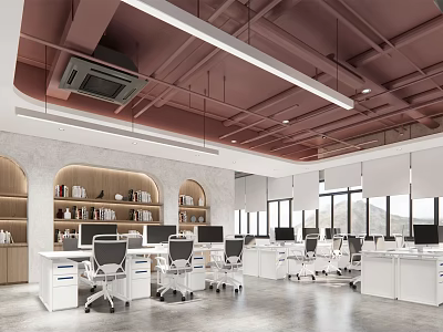 Modern Public Office Space With White Workstations Ergonomic Chairs Ceiling Lights And Large Windows 3d model