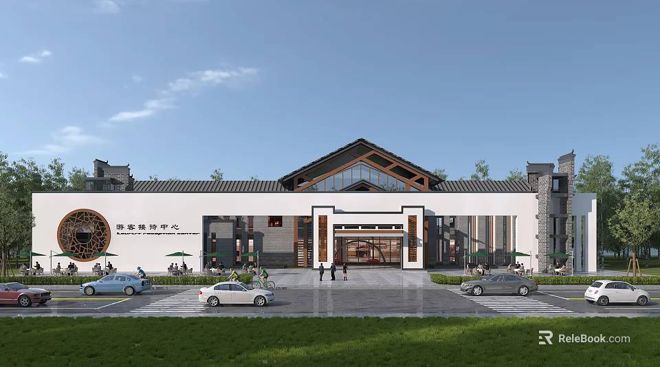 Traditional Chinese Style Tourist Center With Classic Roof Open Entrance And Green Lawn Area 3d model 
