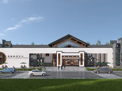 Traditional Chinese Style Tourist Center With Classic Roof Open Entrance And Green Lawn Area 3d model