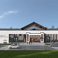 Traditional Chinese Style Tourist Center With Classic Roof Open Entrance And Green Lawn Area