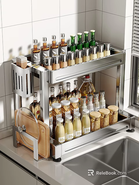 Stainless Steel Kitchen Spice Rack Organizer With Various Condiment Bottles And Jars 3d model 