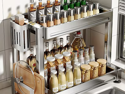 Stainless Steel Kitchen Spice Rack Organizer With Various Condiment Bottles And Jars 3d model