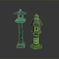 Ancient Green Bronze Lanterns With Traditional Tower Structure And Ornate Hollowed Details