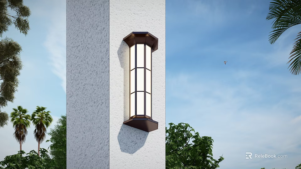 Outdoor Wall Sconce With Glass Panels On White Textured Wall Under Blue Sky 3d model 
