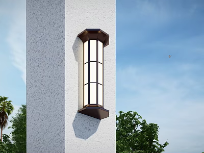 Outdoor Wall Sconce With Glass Panels On White Textured Wall Under Blue Sky 3d model