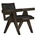 Modern Accent Chair With Wooden Armrest Dark Leather Cushion And Triangular Leg Design