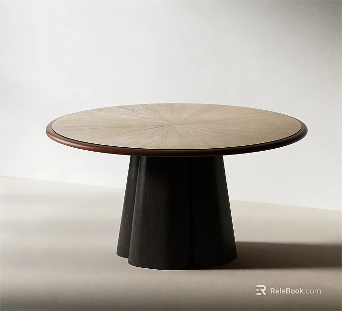 Modern Round Dining Table With Light Wood Radial Pattern Top And Black Pleated Base 3d model 
