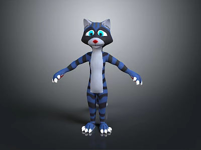 Cartoon Cat Character With Blue Black Stripes White Belly Red Nose Blue Eyes Standing Pose 3d model