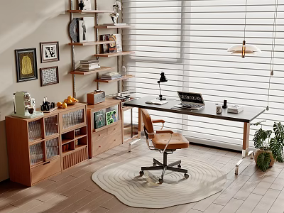 Modern Cozy Home Office Interior With Wooden Desk Laptop Office Chair Bookshelf And Window Blinds 3d model