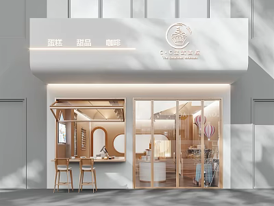 Elegant Modern Cafe Storefront With Glass Doors Wooden Bar Cake Dessert Coffee Logo 3d model