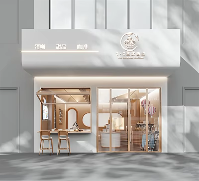 Elegant Modern Cafe Storefront With Glass Doors Wooden Bar Cake Dessert Coffee Logo 3d model