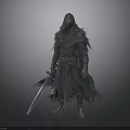 Medieval Style Man In Gray Hooded Tattered Cloak Holding Long Sword Standing