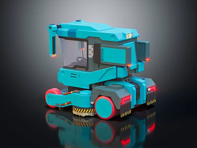 Cartoon Style Blue Cleaning Vehicle With Red Wheels And Yellow Warning Stripes 3d model