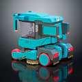 Cartoon Style Blue Cleaning Vehicle With Red Wheels And Yellow Warning Stripes