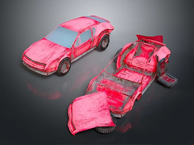 Red Car Model Display Featuring Broken Parts And Damaged Body Details 3d model