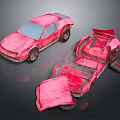 Red Car Model Display Featuring Broken Parts And Damaged Body Details