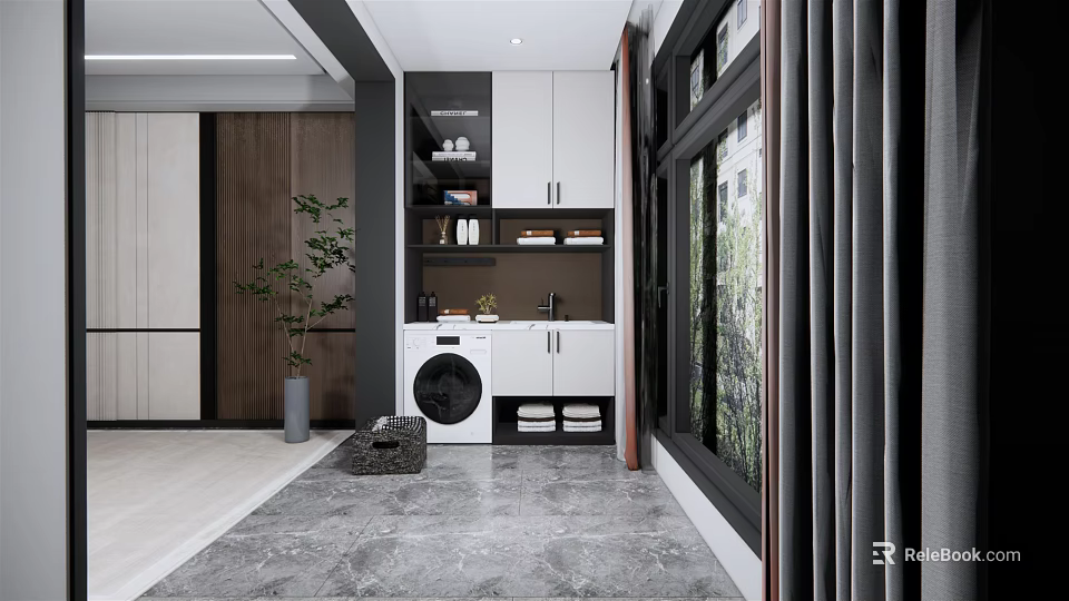 Modern Home Balcony With Washing Machine Storage Cabinets Plant And Gray Marble Floor 3d model 