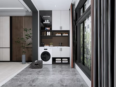 Modern Home Balcony With Washing Machine Storage Cabinets Plant And Gray Marble Floor 3d model