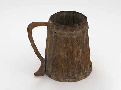Handcrafted Vintage Wooden Mug With Natural Wood Texture And Handle Isolated On White Background 3d model