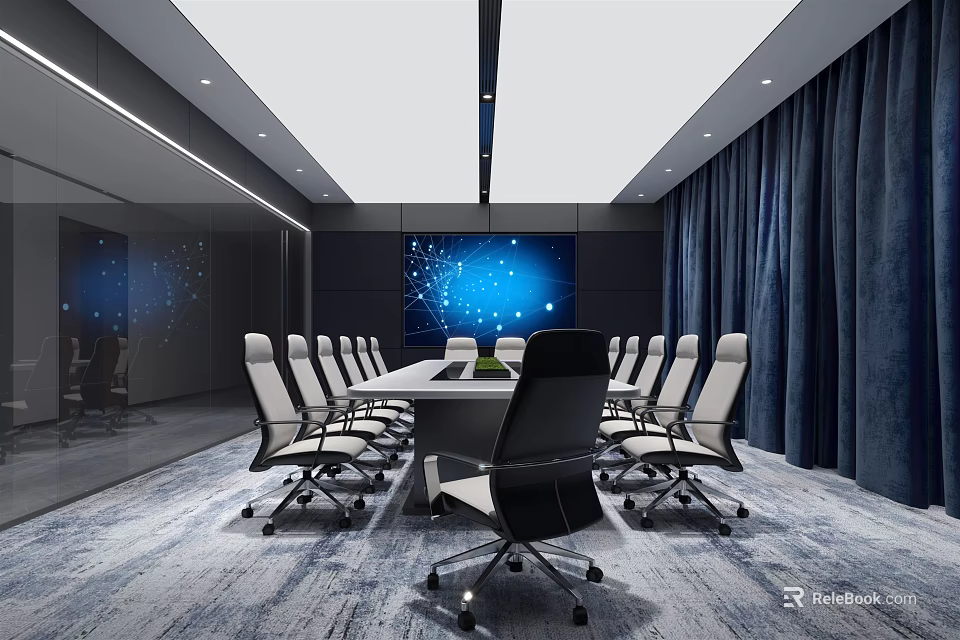 Modern Conference Room Interior Design With Long Table White Black Chairs And Blue Screen 3d model 
