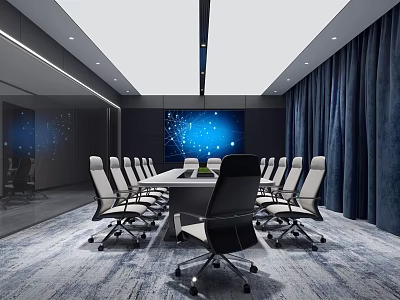 Modern Conference Room Interior Design With Long Table White Black Chairs And Blue Screen 3d model