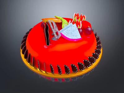 Red Cake Decorated With Fresh Fruits Chocolate Slices And Golden Base 3d model
