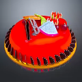 Red Cake Decorated With Fresh Fruits Chocolate Slices And Golden Base