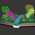 Cartoon Scene of Open Book Featuring 3D Pop-up Green Trees Blue Waterfall and Deer