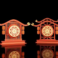 Traditional Chinese Red Art Installation With Symmetrical Structure Circular Patterns And Golden Lantern Elements 3d model