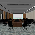 Modern Conference Room Interior Design With Long Table Black Chairs Projection Screen And Carpet
